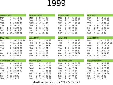 calendar of year 1999 in English language