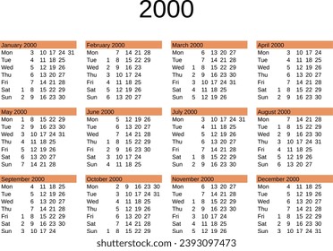 calendar of year 2000 in English language