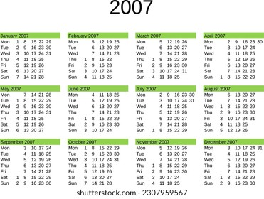 calendar of year 2007 in English language