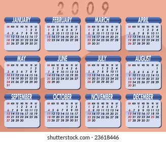Calendar for the year 2009. Peach background. Each month on light blue background