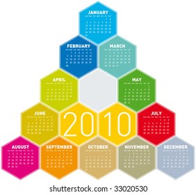 Calendar for year 2010 in an hexagonal pattern (vector format)