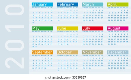 Calendar for year 2010, in vector format.