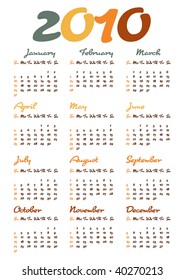 Calendar for year 2010, in vector format
