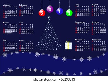 calendar for year 2011 with  christmas tree. american style. vector.