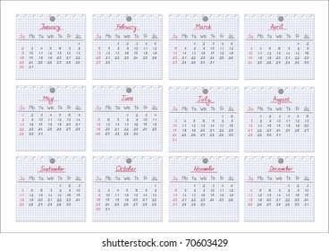 Calendar for year 2011 with each month drawn on checked notepad sheets. Vector illustration.