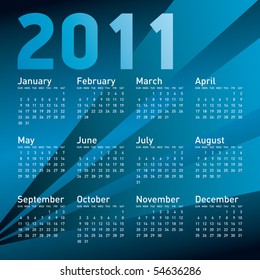 Calendar for year 2011, in vector format. Week starts on Sunday