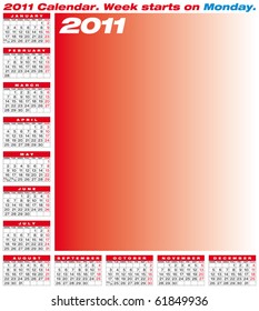 Calendar for year 2011, in vector format. European style (Week starts on Monday).