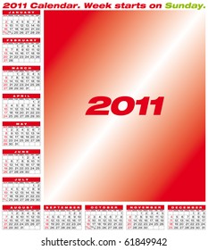 Calendar for year 2011, in vector format. American style (Week starts on Sunday).