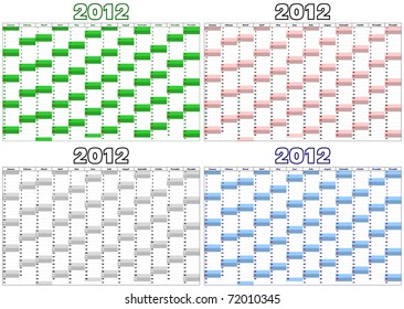 calendar for the year 2012 in English in four different colors