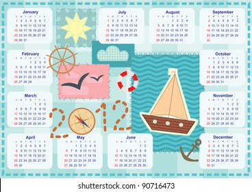 calendar for the year 2012 with a ship in patchwork style