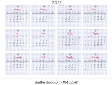 Calendar for year 2013 with each month drawn on checked notepad sheets. Vector illustration.
