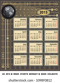 Calendar for the year 2013. UK version, modern technology, international business, bank holidays included. Vector file saved as EPS AI8, no effects, easy print and edit.
