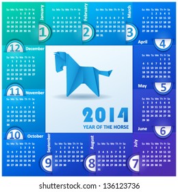 Calendar for the year 2014 of colored paper. Origami horse.