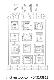 Calendar for the year 2014, drawn by the contours of a large house with 12 different Windows for each month. Vector illustration.
