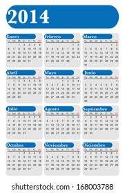 Calendar for year 2014 in Spanish, blue and white, vector