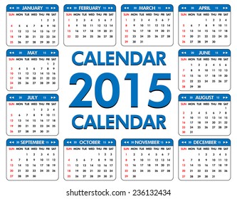 Calendar for the year of 2015. Week starts with Sundays (highlighted in red)