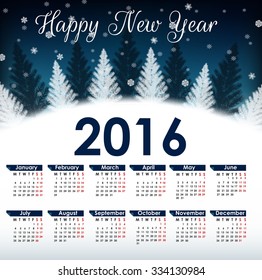 Calendar for the year 2016. Christmas background. vector