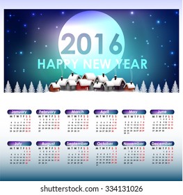 Calendar for the year 2016. Christmas background. vector