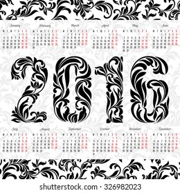 Calendar for the year 2016. Decorative fonts and floral tracery. Week starts from Monday.