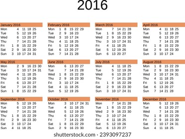 calendar of year 2016 in English language