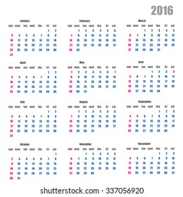 Calendar for the year 2016 in  a flat style stylish