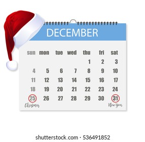 Calendar for the year 2016 in flat style with Christmas hat