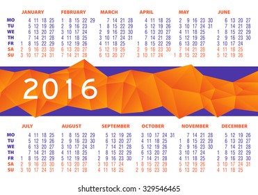 Calendar year 2016. Laconic calendar for business. Numbers is easy to read on a white background, there is space for notes. Decorated active geometric abstract ornament from triangles, low poly