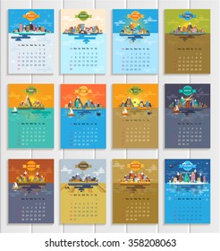 Calendar for the year 2016. TOP Set 12 months in A4 format. Style flat design. Landscapes of a small town on the background of nature: mountains, building, trees, flower, animals. Illustration. Vector