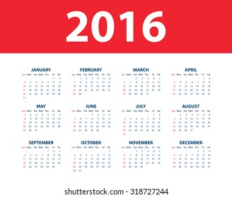 Calendar for the year 2016. Vector illustration.
