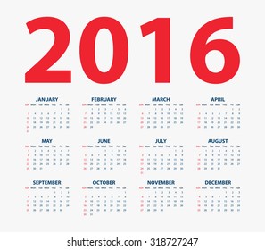 Calendar for the year 2016. Vector illustration.
