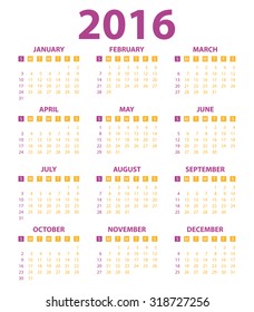 Calendar for the year 2016. Vector illustration.