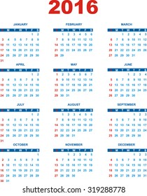 Calendar for the year 2016. Vector illustration.