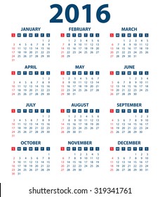 Calendar for the year 2016. Vector illustration.