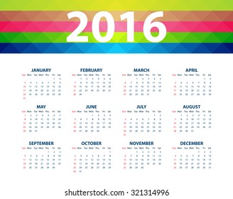 Calendar for the year 2016. Vector illustration.