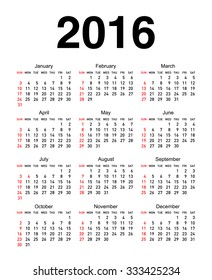 Calendar for the year 2016 with white background. 