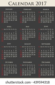 Calendar for year 2017 