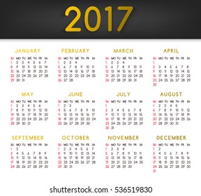 Calendar for the year 2017. All months January-March. Week starts on Sunday. Vector illustration.