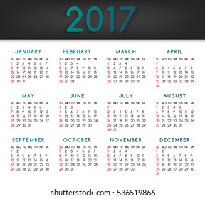 Calendar for the year 2017. All months January-March. Week starts on Sunday. Vector illustration.