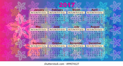 Calendar for the year 2017. Gradient floral background
