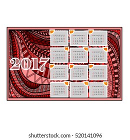 Calendar for the year 2017. Hand-drawn doodles background. Zentagl art. Week starts from Sunday.