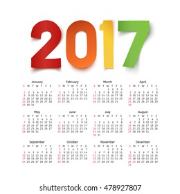 Calendar for a year 2017 on white background. Vector illustration.