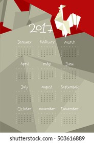 Calendar for the year 2017 with origami Rooster, vertical