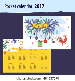 Calendar for year 2017 with vector silhouette cock and christmas decoration on color background. Design Illustration vector calendar with symbol year red rooster 2017.