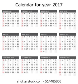 Calendar for year 2017 - week starts with Sunday, isolated on white background, vector illustration.