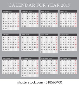 Calendar for year 2017 - week starts with Monday, isolated on grey background, vector illustration.