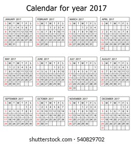 Calendar for year 2017 - week starts with Sunday, isolated on white background, vector illustration.
