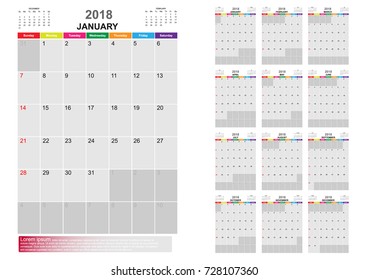 Calendar year 2018. 12 months calendar year 2018 template. Vector EPS10