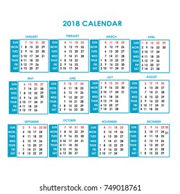 calendar for year 2018 with blue design isolated on white background