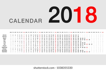 Calendar year 2018 horizontal vector design template, simple and clean design. Calendar for 2018 on White Background for organization and business. Week Starts Monday. Simple Vector Template. EPS10. 
