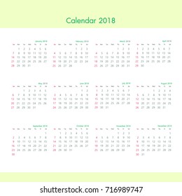 Calendar year 2018 with simple green minimal style template. Week starts from sunday. Vector 